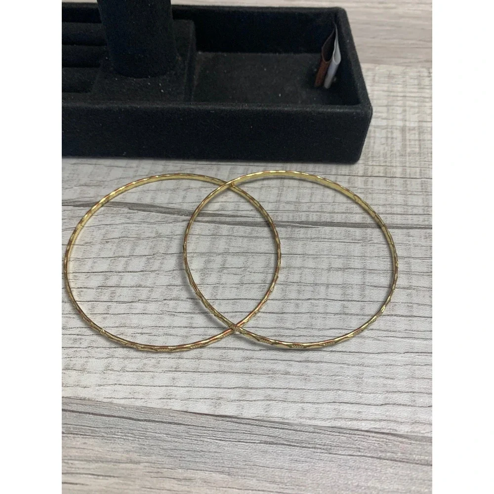 Gold Tone Etched Diamond Cut Bangle Bracelets Set of 2 Size 8.5